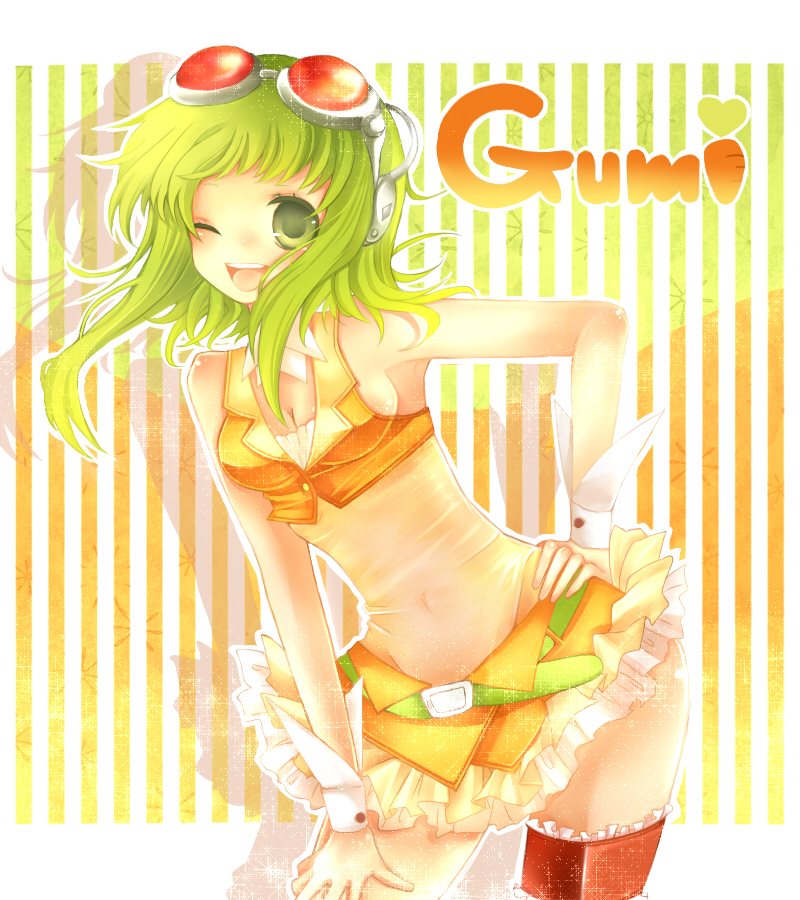 1girl belt breasts cleavage female goggles green_eyes green_hair gumi masha masha_(twinbox) medium_breasts midriff navel one_eye_closed short_hair skirt smile solo vocaloid wink wrist_cuffs