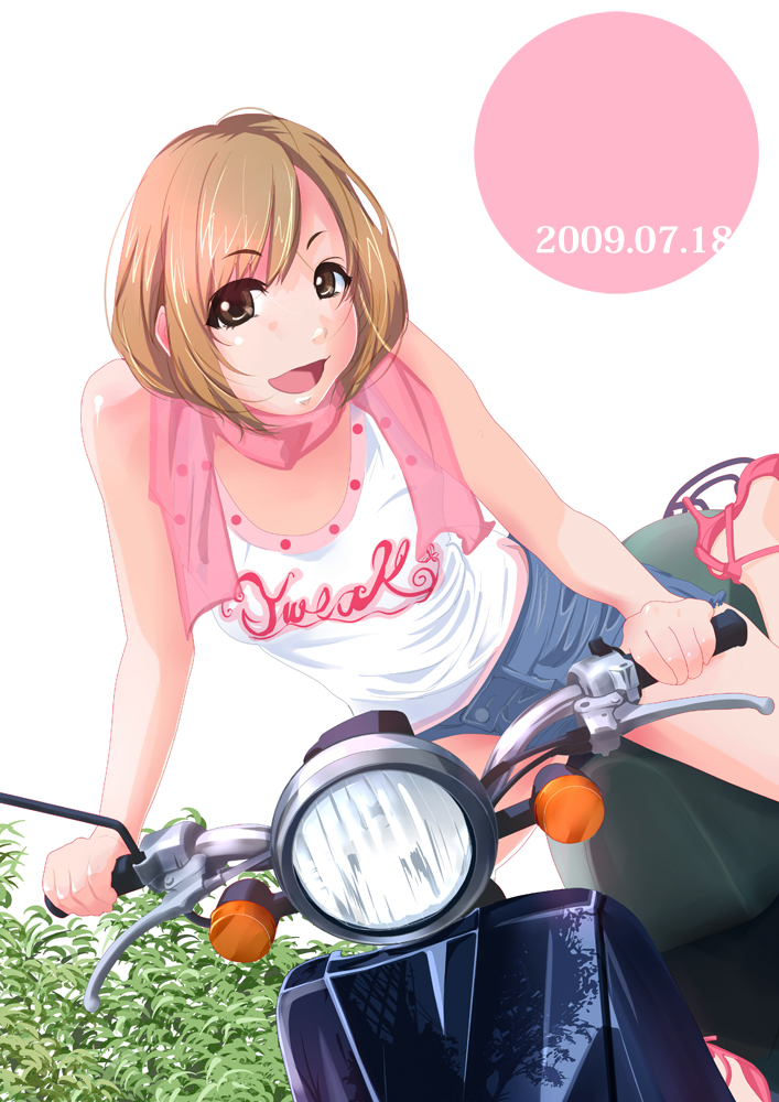 bare_shoulders brown_eyes brown_hair ground_vehicle high_heels motor_vehicle open_mouth original scarf scooter shoes short_hair smile tsuka_(blind_side) vehicle