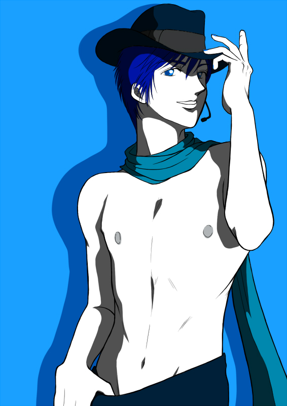 1boy bad_id blue_background blue_eyes blue_hair blue_scarf fedora h. hat headset kaito male_focus scarf shirtless short_hair simple_background smile solo topless vocaloid