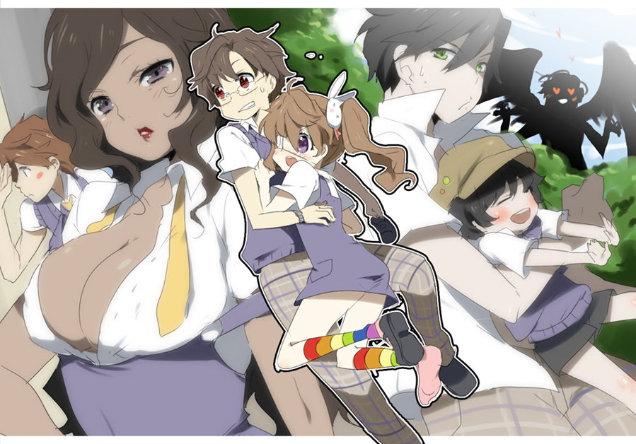 1boy 5girls blush breasts brown_hair cleavage clouds eyepatch footwear glasses green_eyes hair_ornament heart heart_eyes kl kneehighs large_breasts lips lipstick long_hair makeup multicolored_legwear multiple_girls open_clothes open_shirt original plaid rainbow red_eyes scowl shirt shorts silhouette single_shoe sky socks sweater_vest thigh-highs tree twintails violet_eyes wings