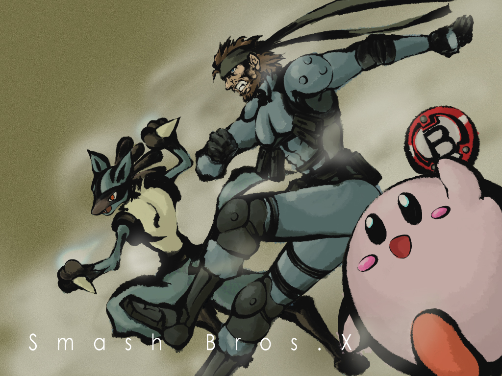 00s 1boy beard blue_eyes bomb brown_hair facial_hair hachimaki headband kirby kirby_(series) lucario metal_gear_(series) metal_gear_solid nintendo pokemon pokemon_(creature) red_eyes smile solid_snake star_fox super_smash_bros.