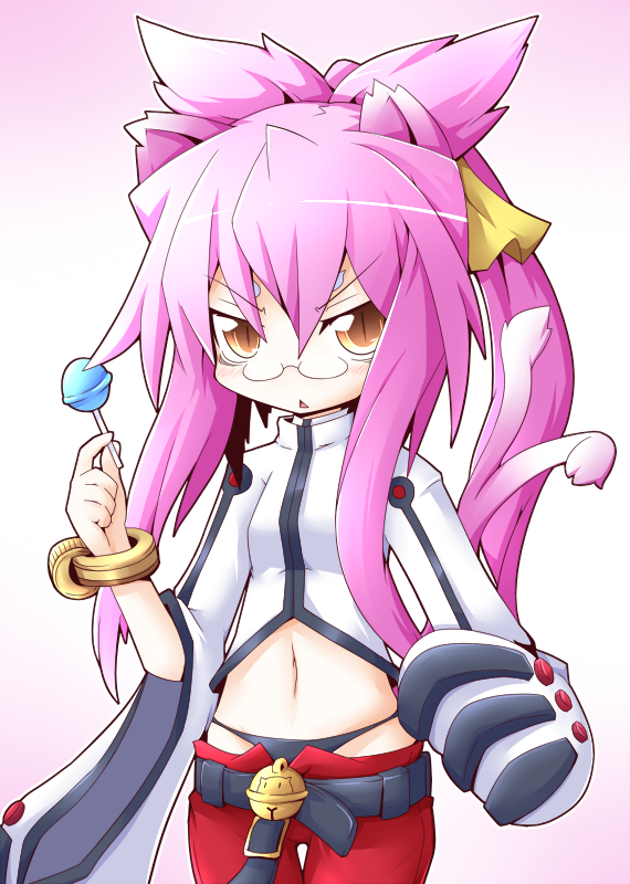 1girl animal_ears arc_system_works bell belt black_panties blazblue blonde_hair candy cat_ears cat_tail glasses hair_ribbon jewelry kokonoe labcoat lollipop long_hair midriff multiple_tails navel panties pants pince-nez pink_hair ponytail red_pants reku ribbon scientist solo tail underwear