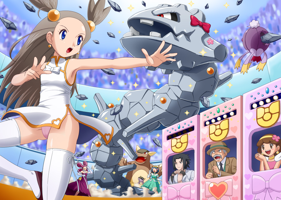 2boys 4girls 90s armpits ayako_(pokemon) blue_eyes brown_hair china_dress chinese_clothes crossover dress drifblim earrings fighting_stance from_below gendou_pose gentleman_(pokemon) gym_leader hands_clasped idol_(pokemon) jewelry kangaskhan melissa_(pokemon) mikan_(pokemon) multiple_boys multiple_girls naruto nintendo panties pokemoa pokemon pokemon_(creature) pokemon_(game) pokemon_gsc steelix thigh-highs uchiha_sasuke underwear wind wind_lift