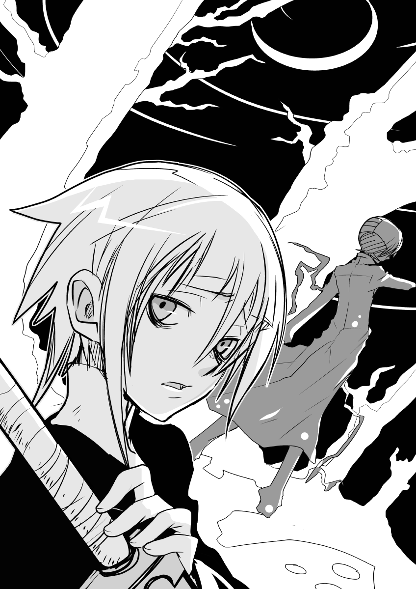 1boy androgynous back bare_tree cloak close-up coat crescent_moon crona_(soul_eater) death_the_kid dutch_angle expressionless face imawano_lem looking_at_viewer monochrome moon open_mouth plant ragnarok_(demon_sword) sheath sheathed short_hair soul_eater standing sword tree upper_body weapon