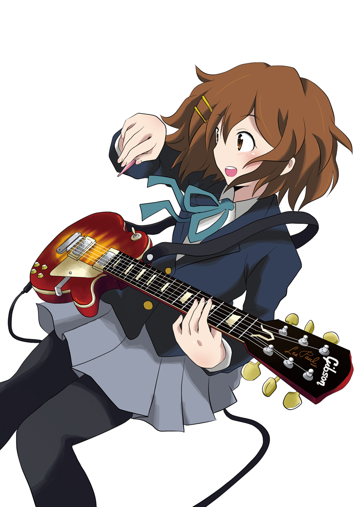 1girl brown_eyes brown_hair female guitar hirasawa_yui instrument k-on! les_paul massala pantyhose school_uniform short_hair simple_background solo white_background