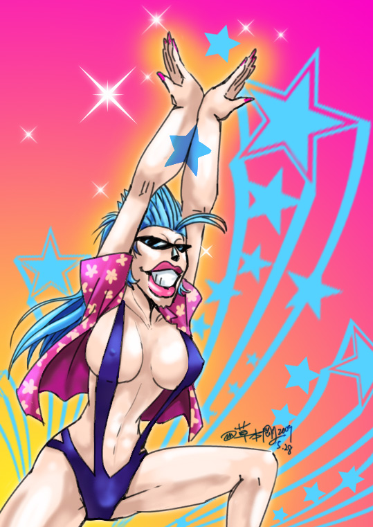 1girl bad_id bandeau_bikini bikini blue_eyes breasts erect_nipples female fenman franky genderswap genderswap_(mtf) hawaiian_shirt huge_breasts lipstick long_hair makeup one_piece open_clothes open_shirt pose revealing_clothes shirt sling_bikini smile solo sparkle star sunglasses swimsuit