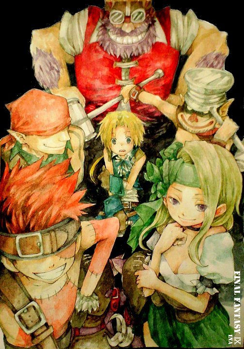 1girl 5boys bad_id baku_(ff9) bandanna blank breasts cinna cleavage final_fantasy final_fantasy_ix gloves hammer helmet ina_(gonsora) marcus mask multiple_boys nero_brothers ruby ruby_(ff9) zidane_tribal