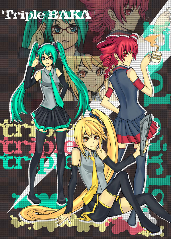 3girls ahoge akita_neru aqua_eyes aqua_hair asymmetrical_hair bespectacled blonde_hair cup drill_hair glasses hatsune_miku kasane_teto kiyuren long_hair mug multiple_girls necktie newspaper red_eyes redhead side_ponytail skirt smile thigh-highs triple_baka_(vocaloid) twin_drills twintails utau very_long_hair vocaloid yellow_eyes zettai_ryouiki