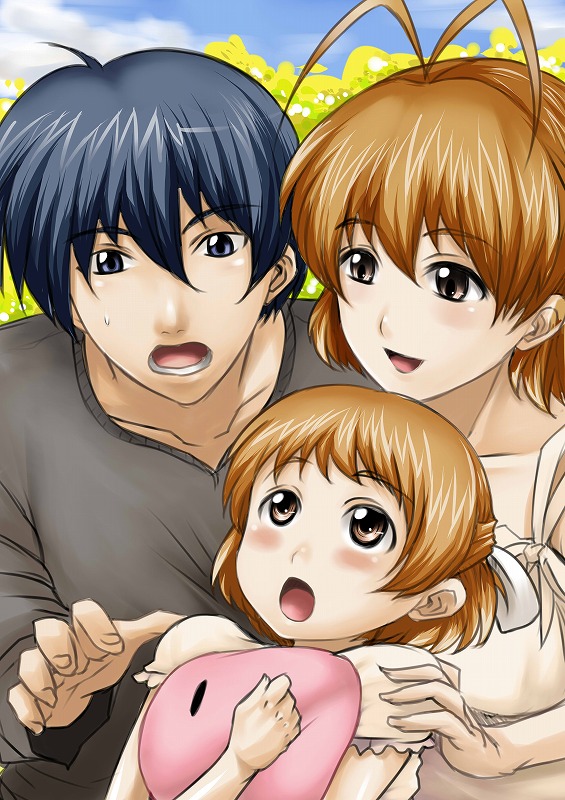 1boy 2girls antenna_hair black_eyes blue_hair brown_eyes brown_hair child cholesenel clannad dango_daikazoku family furukawa_nagisa hug husband_and_wife multiple_girls okazaki_tomoya okazaki_ushio short_hair