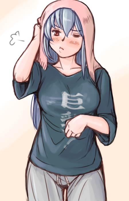00s 1girl :t blush breasts casual clothes_writing large_breasts long_hair object_on_head older one_eye_closed rozen_maiden scratching shirt sigh silver_hair solo suigintou t-shirt towel towel_on_head tsuda_nanafushi wink