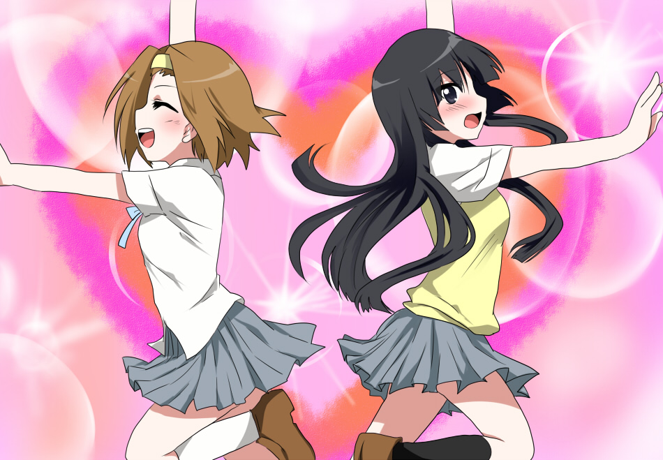 2girls akiyama_mio back-to-back black_eyes black_hair blush brown_hair closed_eyes dancing k-on! marimo_danshaku multiple_girls school_uniform short_hair tainaka_ritsu