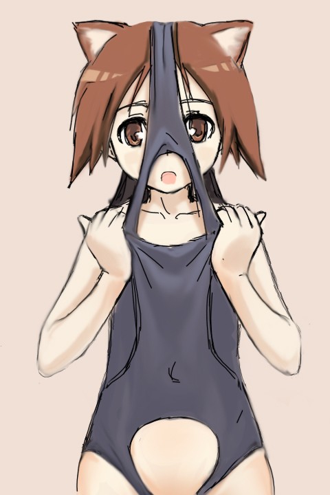 1girl animal_ears ayastyle brown_eyes brown_hair miyafuji_yoshika one-piece_swimsuit school_swimsuit school_swimsuit_flap short_hair sketch solo strike_witches swimsuit upside-down wardrobe_error you're_doing_it_wrong