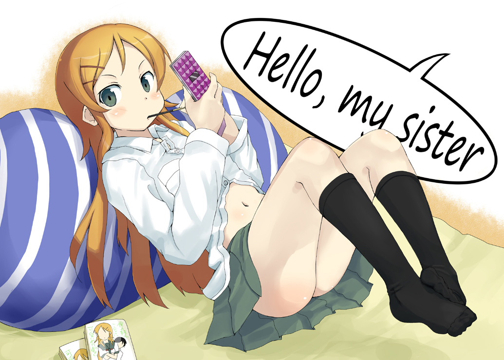 1girl blonde_hair blush book cellphone eating english feet footwear green_eyes hair_ornament hairclip itou_ryuusei kneehighs kousaka_kirino legs long_hair meta midriff navel no_panties ore_no_imouto_ga_konna_ni_kawaii_wake_ga_nai phone pillow pocky sanbi skirt socks solo