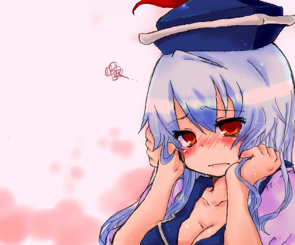 1girl blue_hair blush breasts cleavage female hand_in_hair hat kamishirasawa_keine long_hair red_eyes solo squiggle takamura tears touhou upper_body