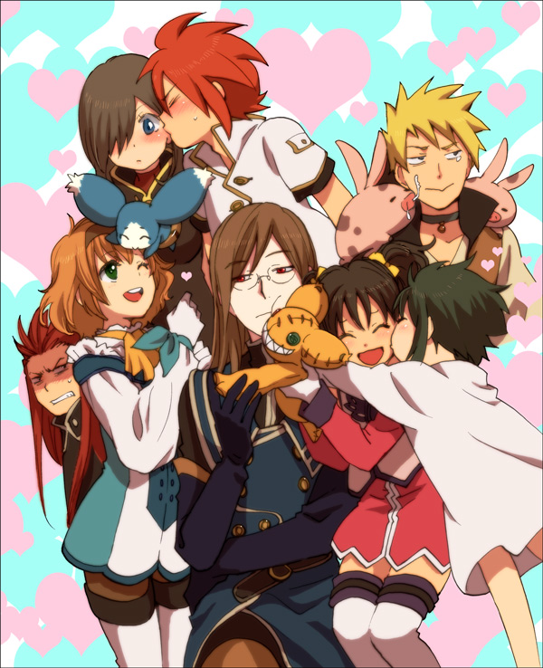 3girls 5boys :&gt; anise_tatlin asch black_hair blonde_hair blue_eyes blush brown_hair choker closed_eyes doll elbow_gloves florian florian_(tales) glasses gloves green_eyes green_hair guy_cecil hair_over_one_eye hair_ribbon hairband harumi_chihiro heart hug jade_curtiss kiss long_hair luke_fon_fabre mieu multiple_boys multiple_girls natalia_luzu_kimlasca_lanvaldear open_mouth pantyhose pig red_eyes redhead ribbon short_hair tales_of_(series) tales_of_the_abyss tear_grants thigh-highs tokunaga twintails white_gloves