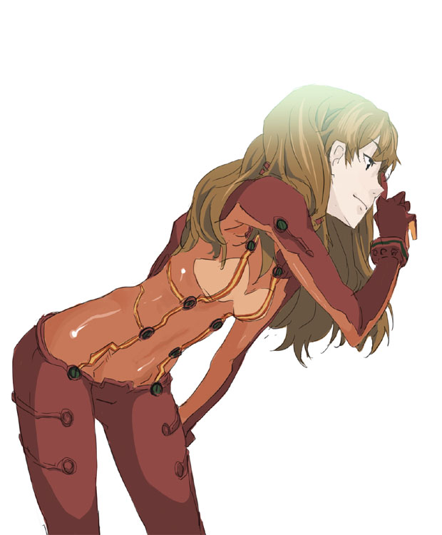 1girl bangs blue_eyes bodysuit bracer breasts brown_hair cowboy_shot from_side gloves groin hand_on_own_thigh index_finger_raised light_smile long_hair looking_to_the_side mura_(kanojo_no_oukoku) neon_genesis_evangelion pilot_suit plugsuit profile rebuild_of_evangelion see-through simple_background sketch small_breasts smile solo souryuu_asuka_langley test_plugsuit white_background