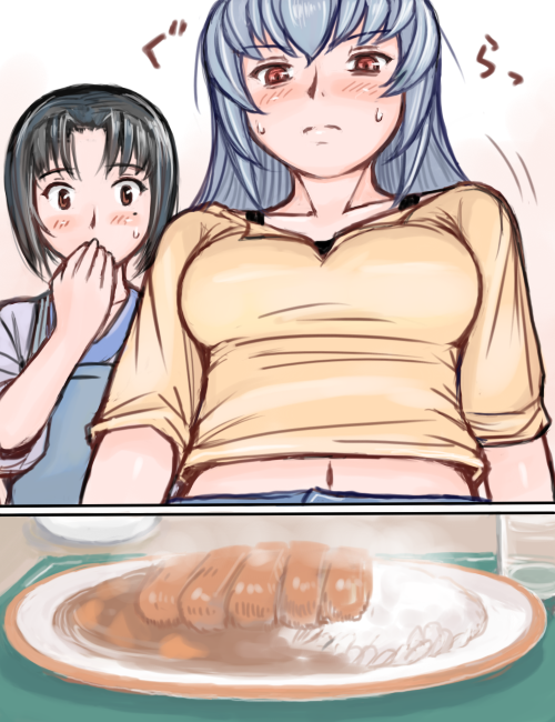 00s 2girls black_hair breasts casual curry food kashiwaba_tomoe large_breasts midriff multiple_girls older rozen_maiden short_hair silver_hair sleeves_rolled_up suigintou sweat tsuda_nanafushi