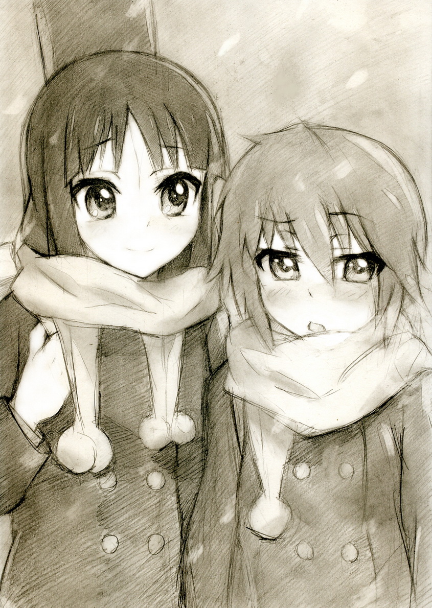 2girls akiyama_mio alternate_hairstyle bad_id coat hair_down k-on! kisetsu monochrome multiple_girls scarf sepia tainaka_ritsu traditional_media