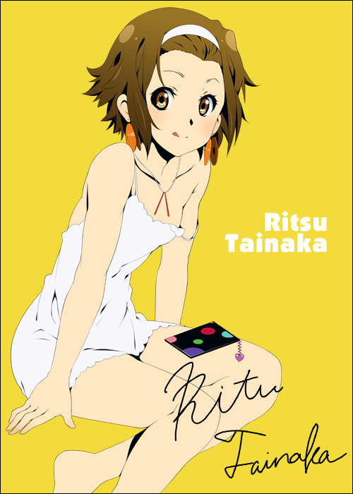 1girl :q barefoot bra breasts brown_hair chemise cleavage doctor e20 earrings glasses hairband hands jewelry k-on! legs_crossed licking_lips lingerie mizuki_makoto pantyhose short_hair signature sitting solo strap_slip tainaka_ritsu tomboy tongue tongue_out underwear