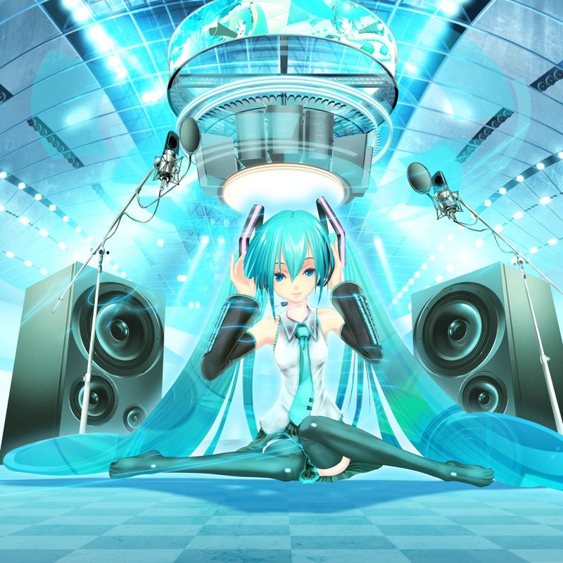 1girl arms_up black_boots black_skirt boots cable ceiling checkered checkered_floor collared_shirt detached_sleeves gears grey_shirt hair_between_eyes hair_ornament hands_on_headphones hatsune_miku headphones headset long_hair long_sleeves looking_at_viewer machinery microphone microphone_stand miniskirt necktie on_floor pleated_skirt shirt sitting skirt smile solo speaker thigh-highs thigh_boots twintails upskirt very_long_hair vocaloid yonasawa zettai_ryouiki