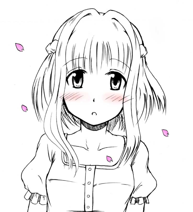 1girl blush cherry_blossoms hidamari_sketch monochrome nazuna petals sketch solo spot_color