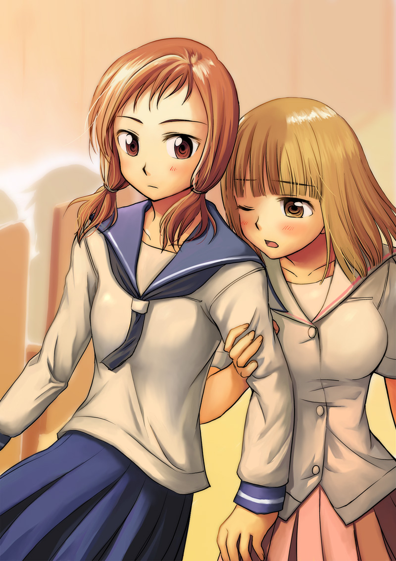 2girls blonde_hair brown_eyes fujiki_mihoko fukuji_mihoko multiple_girls niina_ryou one_eye_closed saki school_uniform takei_hisa wink