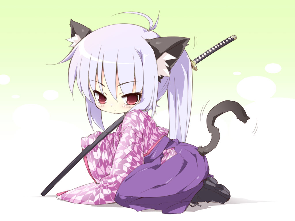 animal_ears bashamichi cat cat_ears cat_tail character_request japanese_clothes kimono petenshi_(dr._vermilion) red_eyes silver_hair source_request sword tail weapon yagasuri