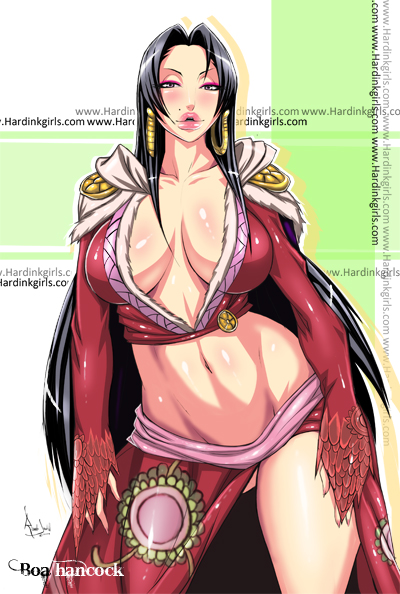 1girl abs amazon amazon_lily black_hair boa_hancock breasts cleavage curvy cyberunique female hips huge_breasts jacket_on_shoulders lips long_hair midriff one_piece shiny side_slit solo thick_lips thick_thighs thighs watermark wide_hips