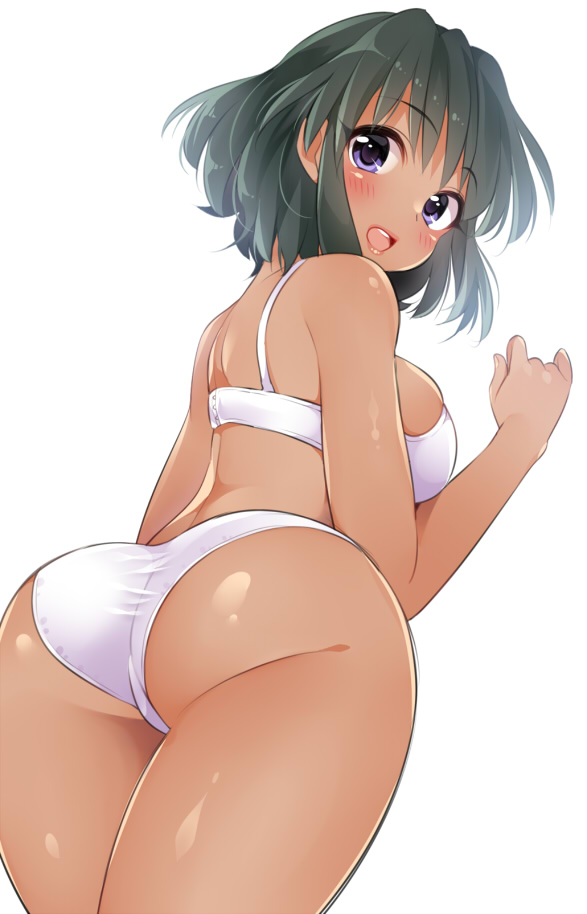 1girl ass black_hair bra breasts commentary_request dark_skin dutch_angle from_behind from_below gluteal_fold idolmaster idolmaster_cinderella_girls large_breasts looking_back mio_(mgr300) natalia_(idolmaster) open_mouth panties shiny shiny_skin short_hair sideboob smile solo underwear underwear_only violet_eyes white_background white_bra white_panties