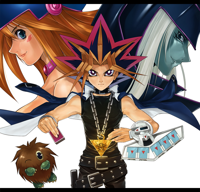 1girl 2boys aqua_eyes belt beltskirt blonde_hair brown_hair card dark_magician dark_magician_girl detached_sleeves duel_disk duel_monster hat holding holding_card kuriboh lazward long_hair monster multiple_boys mutou_yuugi one_eye_closed pile_of_cards redhead silver_hair wink witch_hat yami_yuugi yu-gi-oh! yuu-gi-ou_duel_monsters