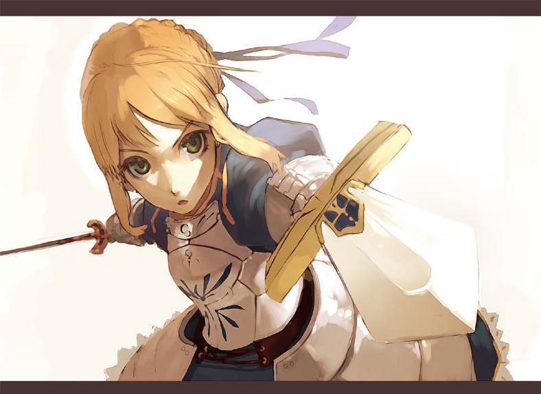 1girl ahoge armor blonde_hair braid dual_wielding face fate/stay_night fate_(series) foreshortening gauntlets green_eyes hair_bun hair_ribbon letterboxed open_mouth ribbon saber shirabi_(life-is-free) solo sword weapon