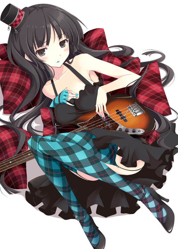 1girl akiyama_mio argyle argyle_legwear asymmetrical_clothes bare_shoulders black_hair blue_legwear blue_lipstick blue_nails don't_say_"lazy" dress facepaint garter_belt guitar hat high_heels instrument k-on! lipstick long_hair lying makeup mikoto_akemi mini_hat mini_top_hat nail_polish patterned_legwear plaid shoes single_glove solo thigh-highs top_hat