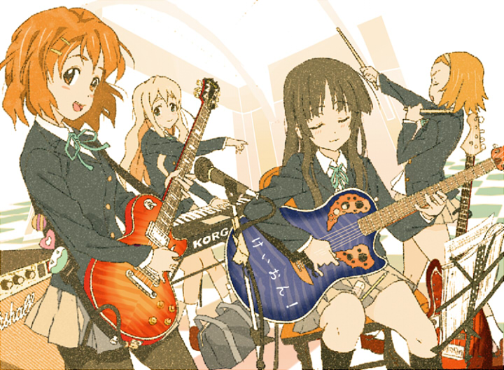 4girls akiyama_mio amplifier badge bag bass_guitar blazer button_badge closed_eyes drumsticks eraser footwear green_eyes guitar hair_ornament hairband hairclip hirasawa_yui instrument inumaroboya inumaru_(sougen_no_marogoya) k-on! keyboard keyboard_(instrument) kotobuki_tsumugi les_paul long_hair microphone microphone_stand miniskirt multiple_girls music_stand orange_eyes orange_hair pantyhose pencil pleated_skirt ribbon school_uniform shoes short_hair sitting skirt smile socks standing tainaka_ritsu