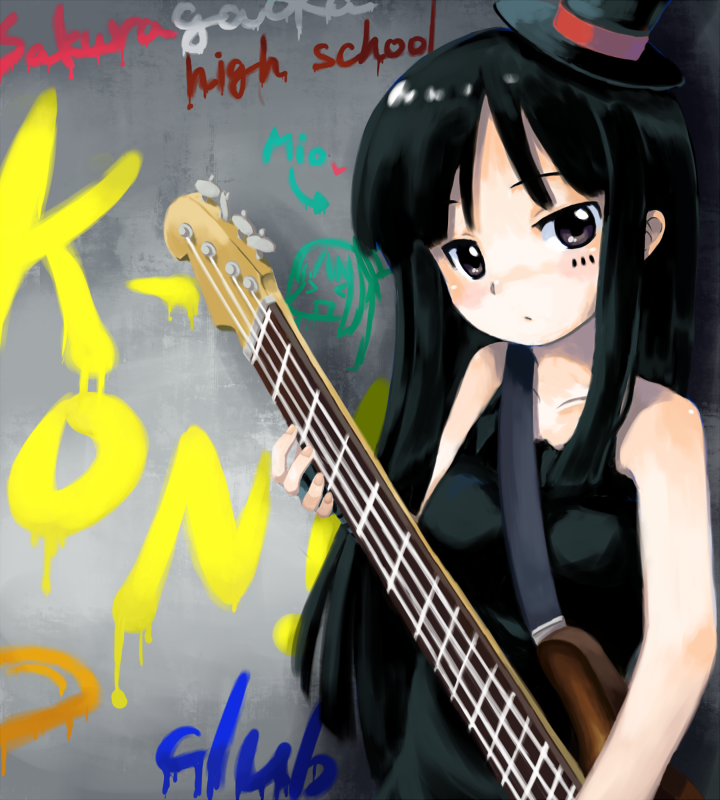 1girl akiyama_mio bad_id bangs bass_guitar black_eyes black_hair blunt_bangs don't_say_"lazy" facepaint guitar hat hime_cut instrument k-on! long_hair mini_hat mini_top_hat okiami solo top_hat