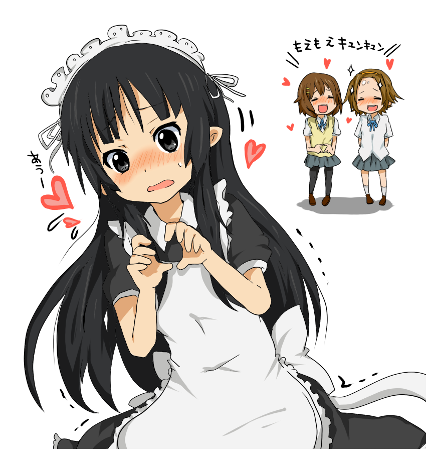 3girls akiyama_mio alternate_costume bad_id black_eyes black_hair blush enmaided haru_(goalstyle) heart heart_hands hirasawa_yui k-on! laughing long_hair maid moe_moe_kyun! multiple_girls pantyhose school_uniform tainaka_ritsu trembling