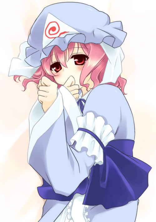 1girl bad_id blush covering_mouth female hand_over_mouth hand_over_own_mouth hat japanese_clothes kimono looking_at_viewer lying on_side pink_hair red_eyes saigyouji_yuyuko solo soumendaze touhou triangular_headpiece