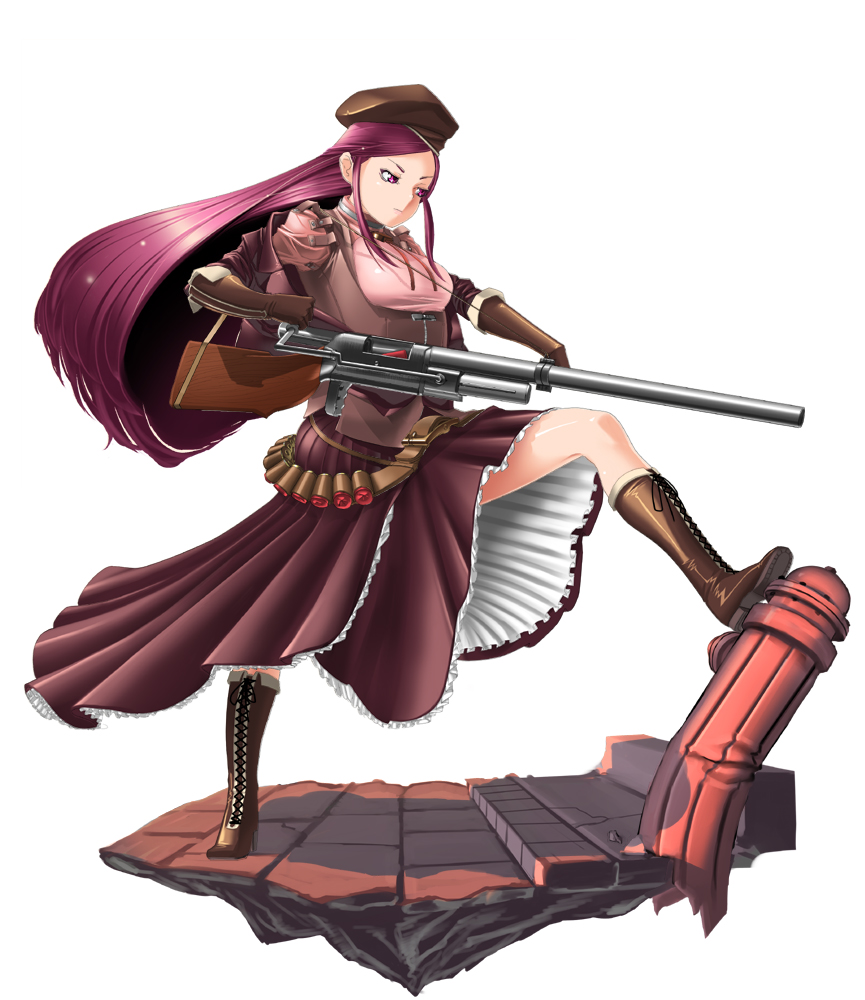 1girl belt boots character_request choker elbow_gloves gloves gun hat long_hair long_skirt original pleated_skirt purple_hair ryao sexually_suggestive simple_background skirt solo source_request standing very_long_hair violet_eyes weapon