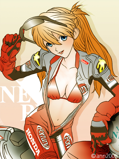 1girl ann_yosh biker_clothes bikesuit bikini_top blue_eyes breasts center_opening cleavage full-length_zipper gloves goggles ground_vehicle honda jumpsuit logo long_hair md5_mismatch motor_vehicle motorcycle neon_genesis_evangelion open_clothes open_shirt orange_hair plugsuit product_placement rebuild_of_evangelion redhead shadow shirt short_hair signature simple_background sketch smirk solo souryuu_asuka_langley sunglasses twintails unzipped vehicle zipper
