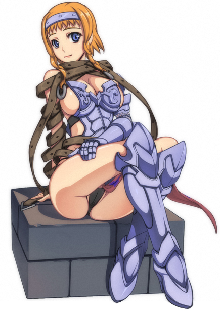 1girl armor blue_eyes braid breasts buckle caryo cleavage hairband large_breasts leina nanashino panties queen's_blade short_hair sitting solo twin_braids underwear