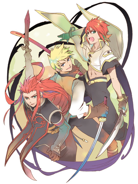 3boys asch ayumiso blonde_hair blue_eyes gloves green_eyes guy_cecil long_hair luke_fon_fabre male_focus midriff multiple_boys open_mouth pants redhead smile surcoat sword tales_of_(series) tales_of_the_abyss weapon