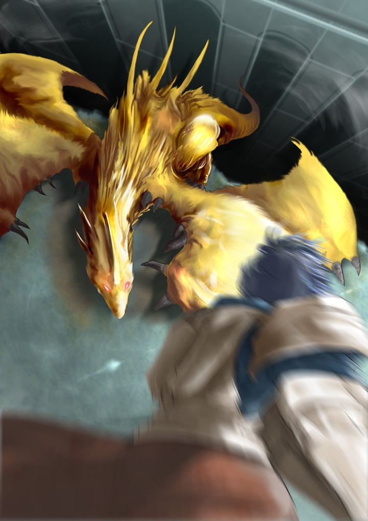 1boy blue_hair dragon gold_dragon male_focus motion_blur pixiv pixiv_fantasia pixiv_fantasia_1 pupps red_eyes short_hair solo wings