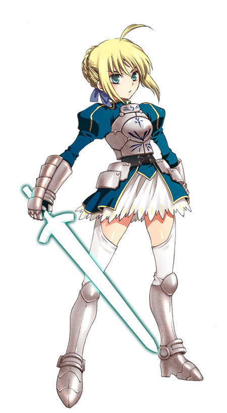 1girl :o adapted_costume ahoge aqua_eyes armor armored_dress blonde_hair dress fate/stay_night fate_(series) glowing glowing_sword glowing_weapon hair_ornament hair_ribbon long_hair miniskirt ribbon saber sidelocks simple_background skirt solo standing sword thigh-highs weapon white_legwear zettai_ryouiki