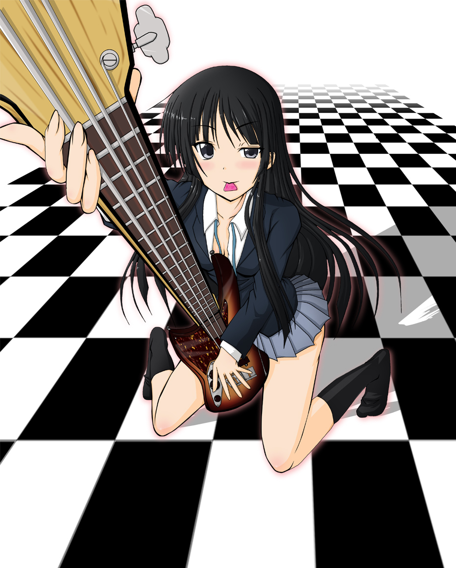 1girl akiyama_mio bass_guitar checkered female instrument k-on! school_uniform solo su-35_(artist)