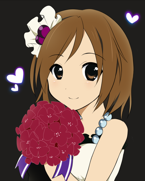 1girl amagu bad_id bouquet brown_eyes brown_hair don't_say_"lazy" female flower hirasawa_yui k-on! short_hair simple_background solo