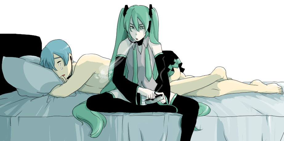1boy 1girl aftersex ashtray bad_id barefoot blue_hair cigarette crossdressinging detached_sleeves green_hair harada hatsune_miku hetero kaito long_hair lying necktie panties pillow role_reversal ruined_for_marriage sitting skirt smoking striped striped_panties tears thigh-highs twintails underwear vocaloid
