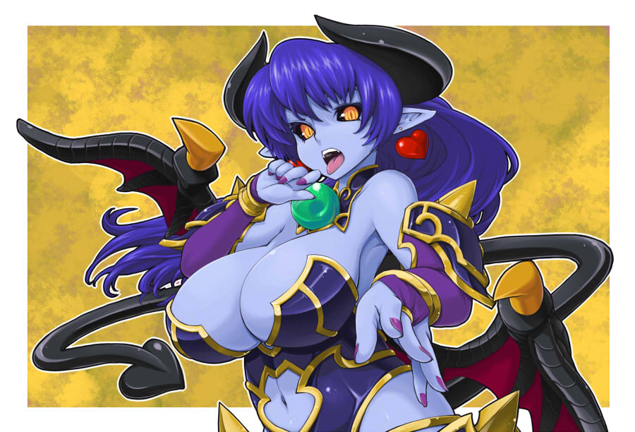 1girl armor astaroth_(shinrabanshou) bad_id black_sclera blue_hair blue_skin breasts bridal_gauntlets cleavage dameyo demon_girl demon_horns demon_tail demon_wings earrings elbow_gloves foreshortening gloves heart heart_earrings horns huge_breasts jewelry large_breasts navel open_mouth pointy_ears shinrabanshou solo succubus tail tongue wings yellow_eyes