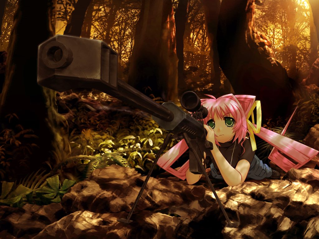 1girl 5pb. anti-materiel_rifle barrett_m82 bou game_cg green_eyes gun hair_ribbon long_hair lying muvluv nature pink_hair ribbon rifle sniper_rifle solo sunset tamase_miki twintails weapon