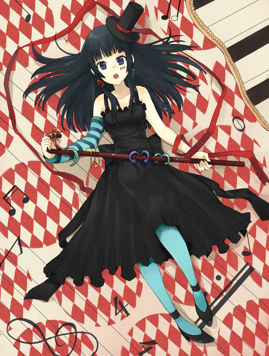 1girl aki_(mare_desiderii) akiyama_mio bare_shoulders black_hair blue_eyes blue_legwear cane don't_say_"lazy" hair_ornament hairclip hat high_heels k-on! long_hair lying mini_hat mini_top_hat musical_note on_back pantyhose shoes solo top_hat