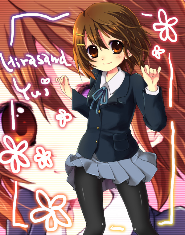 1girl blush brown_eyes brown_hair female hair_ornament hairclip haruno_ichigo hirasawa_yui k-on! pantyhose school_uniform short_hair smile solo zoom_layer