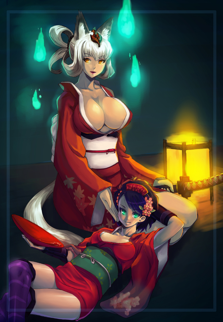 2girls alcohol animal_ears bangs black_hair breasts cleavage collarbone dark female flower fox_ears fox_tail glowing green_eyes hair_flower hair_ornament hair_up hand_behind_head hitodama huge_breasts inari indoors japanese_clothes katana kimono kneehighs kongiku lantern lap_pillow leaf leaf_on_head legs_crossed lipstick long_hair looking_at_viewer lying makeup mature milf momohime multiple_girls no_bra obi object_on_head oboro_muramasa on_back on_floor open_clothes open_shirt orange_eyes purple_hair purple_legwear reclining sakazuki sake sash sheath sheathed shirt short_hair short_kimono smile swept_bangs sword tail tan taru_neko thigh-highs weapon white_hair wide_sleeves wristband yellow_eyes yukata zettai_ryouiki